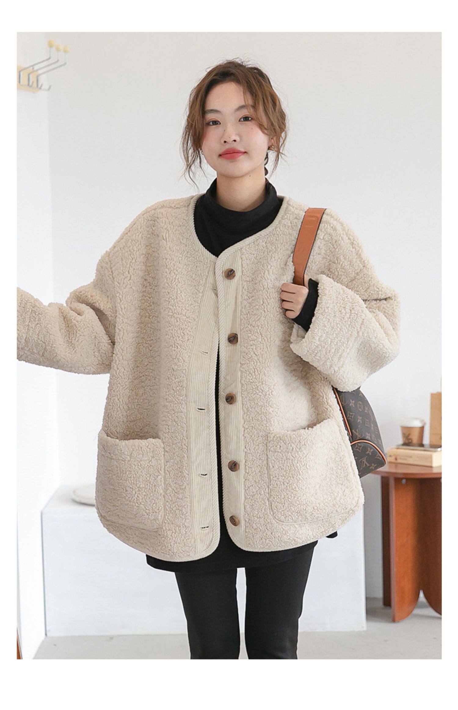 Пальто для беременных 孕妇装秋冬新款宽松大码遮肚显瘦无领羊羔毛保暖外套