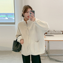 Maternity wear autumn and winter sweater half turtleneck zipper cardigan coat knitted Korean style loose white windbreaker pregnancy period