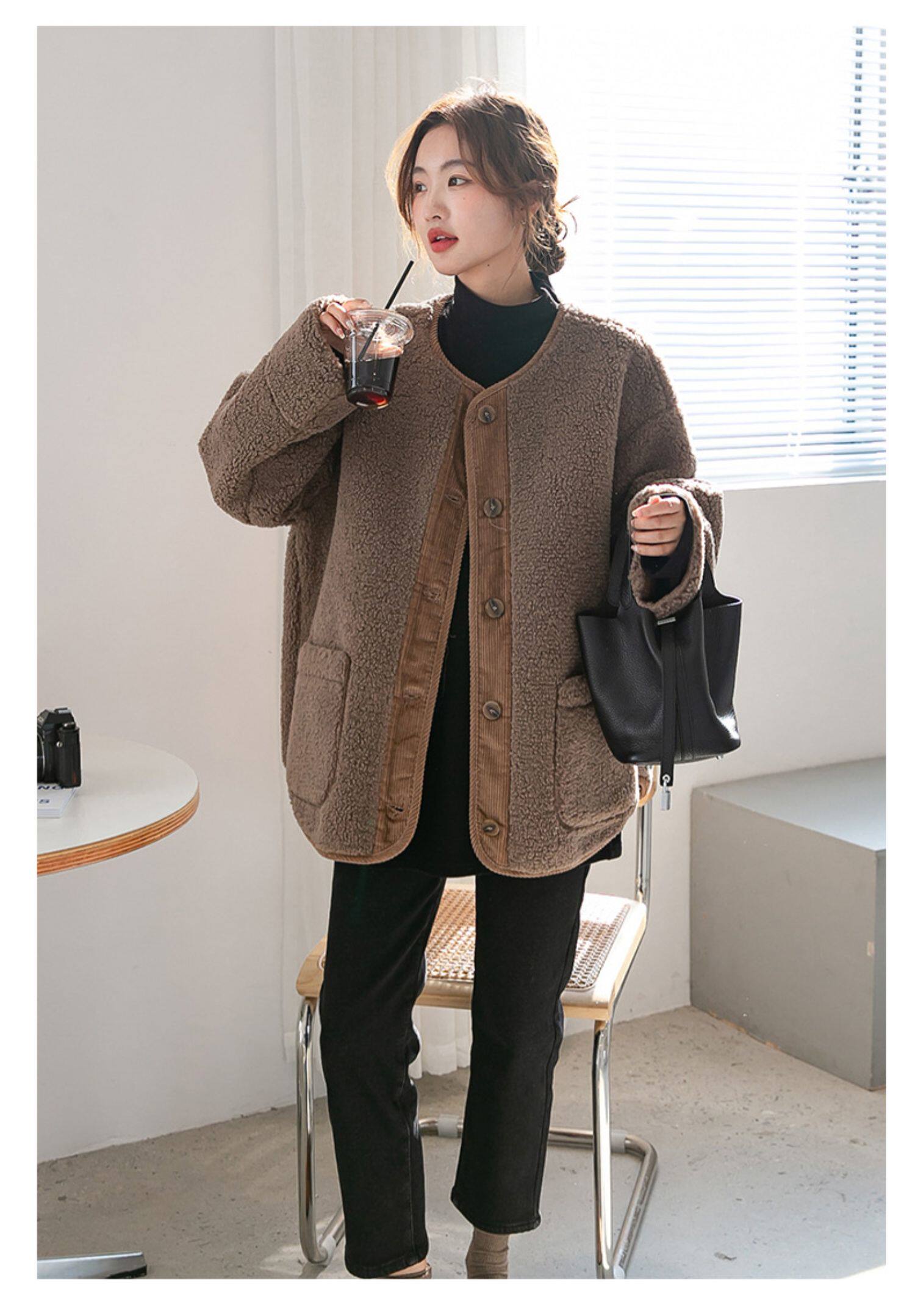 Пальто для беременных 孕妇装秋冬新款宽松大码遮肚显瘦无领羊羔毛保暖外套