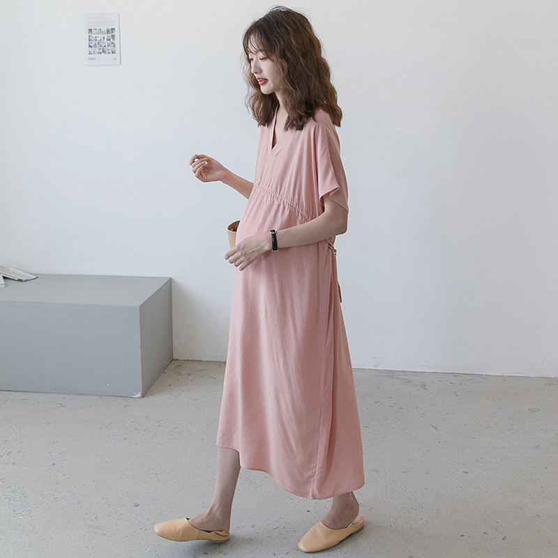 Maternity dress Summer knee-length dress V-neck summer long version skirt Pink pregnancy loose large size cotton and hemp dress