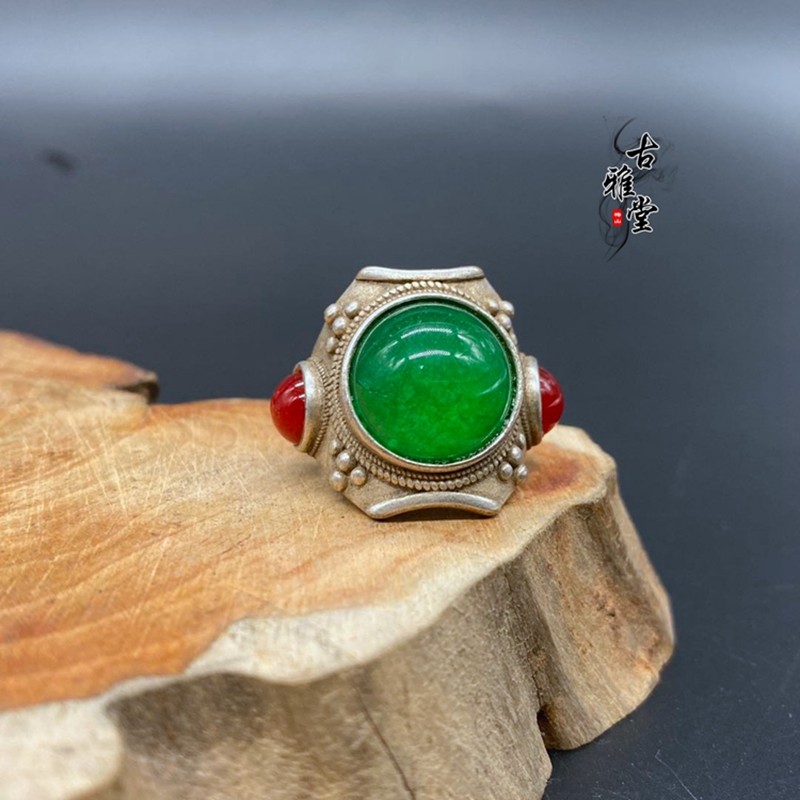 Minority Silver Copper and Silver Red Emerald Ring with green Emerald Opening Ring Retro Ring