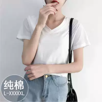 2021 new summer V-neck short sleeve T-shirt loose base shirt fat mm200 kg cotton large size white T-shirt women