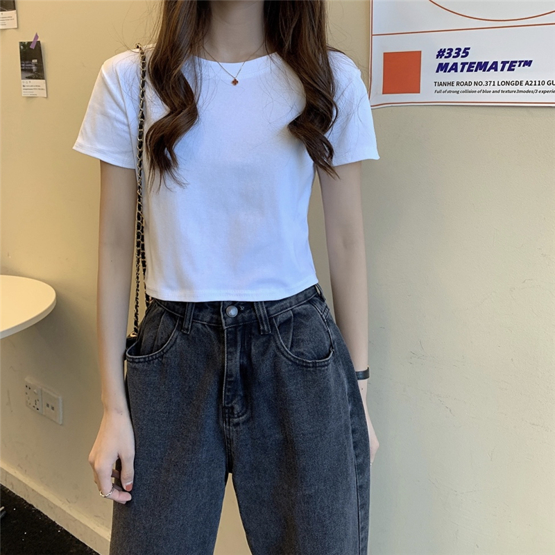 White Short-Sleeve T-Shirt for Women, Summer 2023 New High-Waisted Cropped Top ins Short-Sleeve Korean Style Trendy