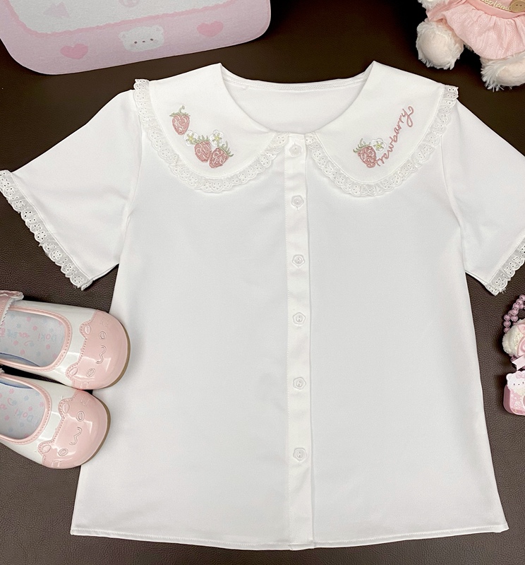 Japanese-Style Sweet Lolita Short-Sleeve Shirt for Women, Summer Vintage Soft Girl Strawberry Embroidery Cute Versatile Top