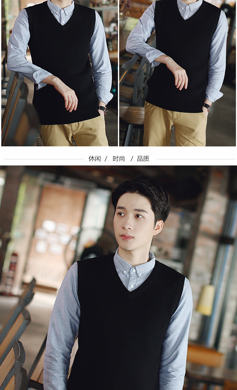Áo len nam cổ chữ V áo len cổ lọ len len cotton Hàn Quốc Áo len nam không tay áo len màu rắn đồ vest nam