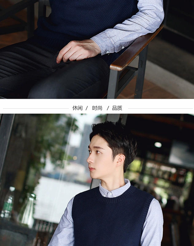 Zhizhi cotton cổ tròn áo len vest vai len vest nam không tay áo len áo len vest bộ vest nam cho người trung tuổi