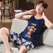 Mens pajamas summer cotton vest sleeveless thin summer large size teen student cartoon home suit set