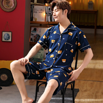 Mens pajamas summer pure cotton short-sleeved thin plus size summer cartoon teen student homewear suit