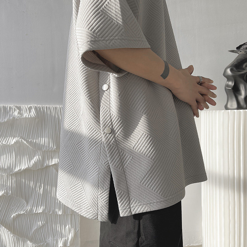 Waffle Knit T-Shirt for Men, New Summer Style with Side Slit and Button-Up Short Sleeves, Oversized American-Style Heavy-Duty Three-Quarter Sleeves