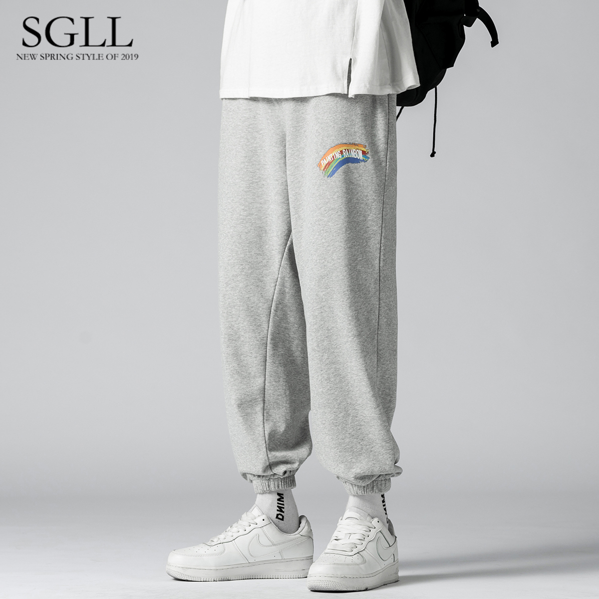 Pants men's autumn new straight loose casual pants trend Hong Kong style all-match sweat pants rainbow beam sports pants