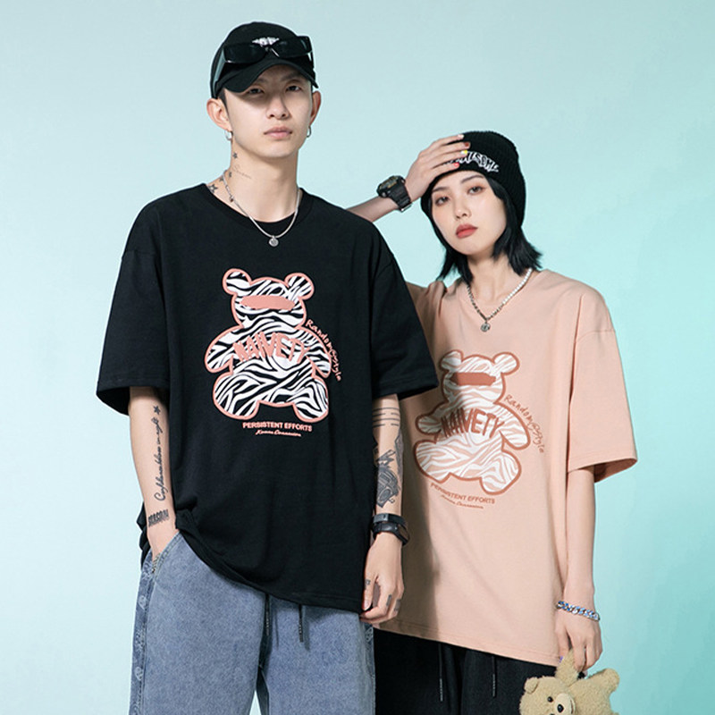 Hangstone One Tree Tide Zebra Bear Foam Printing Short Sleeves T-shirt Harbour Cotton Cotton T-shirt Relax Men's Clothing