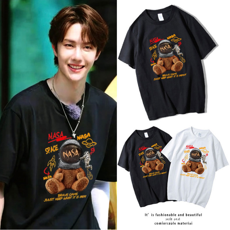 Hangstone Tide Wang Yibo Same Bear Astronaut Short Sleeve T-shirt Men and Women Cotton Couple T-shirt