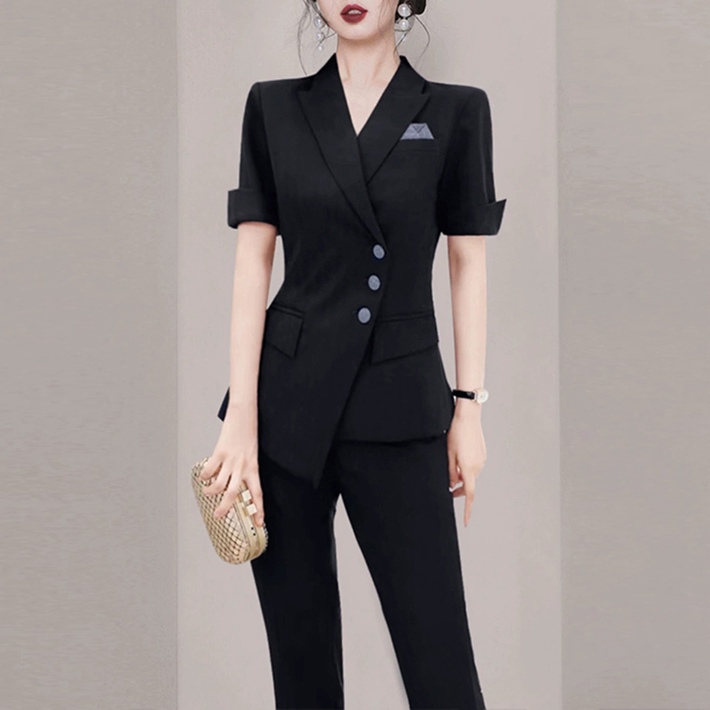 Black Suit Set for Women, Summer Light Luxury Fashion, Professional Ol Waist-Cinching Slim-Fit Blazer, Workwear Two-Piece Set
