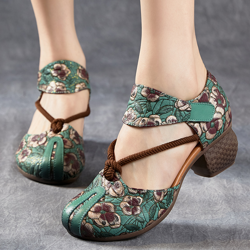Genuine Leather Ethnic Style Women's Shoes 2026 Spring and Summer New Retro Print Chunky Heel Pastoral Comfortable Women's Shoes Mom Shoes