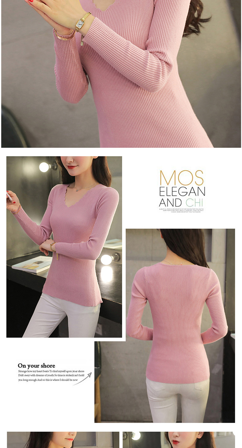 Đầu xuân và mùa thu mới ngắn của phụ nữ áo len đáy quần Slim áo thun cổ chữ V hoang dã cho phụ nữ áo len trắng áo len tăm dài tay