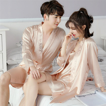 Lovers sleepwear spring and summer ice silk mens bathrobe thin silk sexy harnesses sleeping skirts female real silk sleepwear 2 sets of price