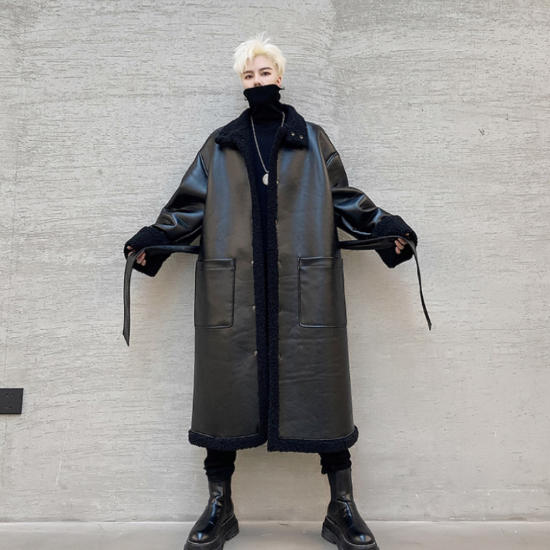Winter Dark High-End Fur-Lined Thickened Long Over-The-Knee Trench Coat for Men, Trendy Loose-Fitting Warm Cotton Coat