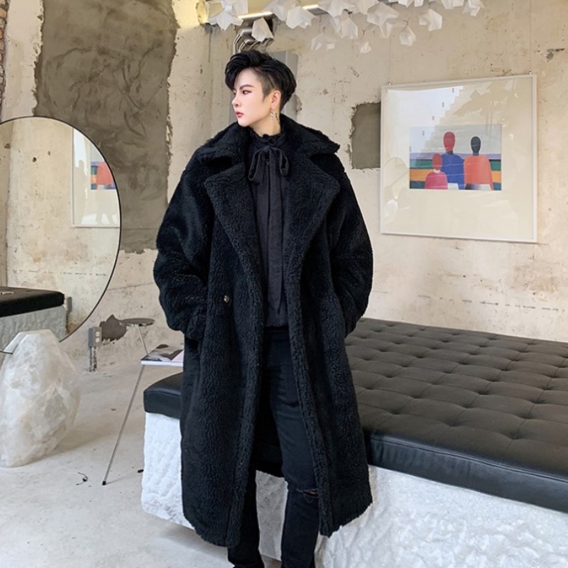Yamamoto Style Black Lamb Wool Mid-Length Coat for Men, Loose Thick Teddy Bear Jacket, Trendy Warm Cotton Clothing for Winter