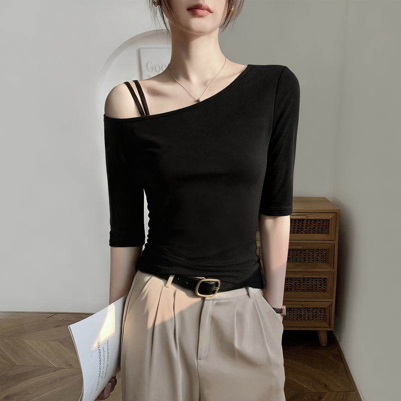 Black Spaghetti Strap Off-Shoulder Mid-Sleeve T-Shirt for Women 2026 New Autumn Slim-Fit Five-Seven Sleeve High-End Off-Shoulder Top