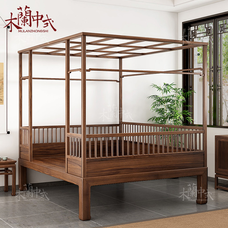 New Chinese Shelf Bed Modern Chinese Solid Wood Bedroom Double Man Bed Zen Hotel Clubhouse Four Columns Bed Furniture-Taobao