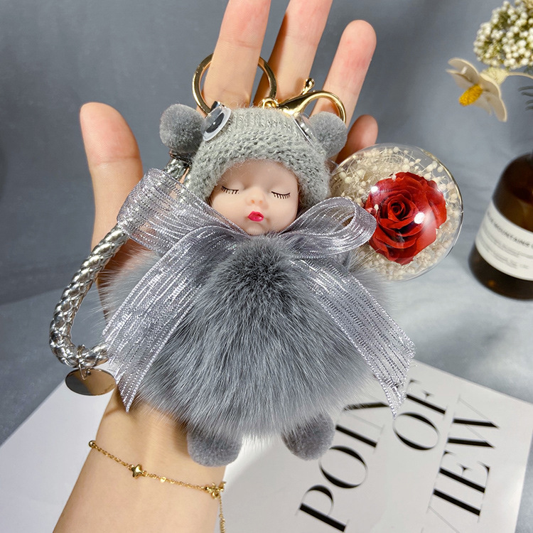 Japan and South Korea bow soft cute doll keychain cute fox fur doll rose immortal flower accessories gift ideas