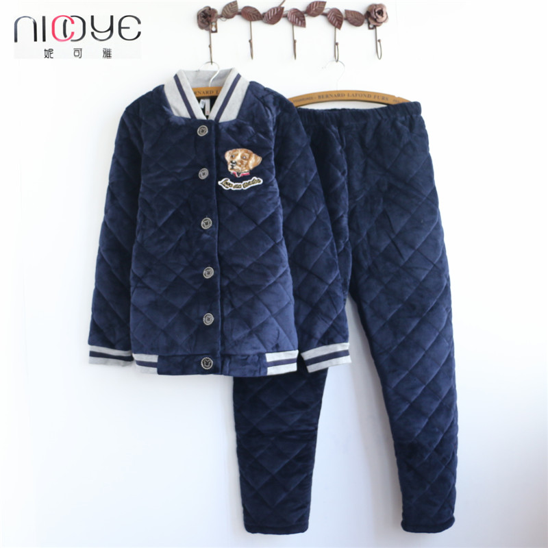 Nicole mùa đông cặp vợ chồng cha mẹ con đồ ngủ dày cổ áo dịch vụ gia đình mặc đồng phục bóng chày ngắn đồ ngủ pijama