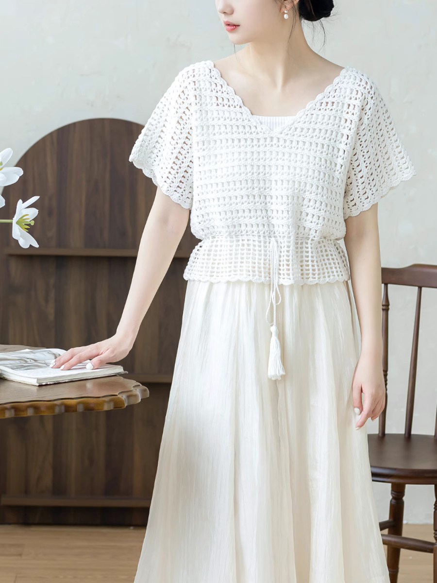 Sister Su Su's Soft and Elegant Waist-Cinching Short-Sleeved Linen Crochet Material Kit for Handmade DIY Knitting with Yarn and Lace Thread