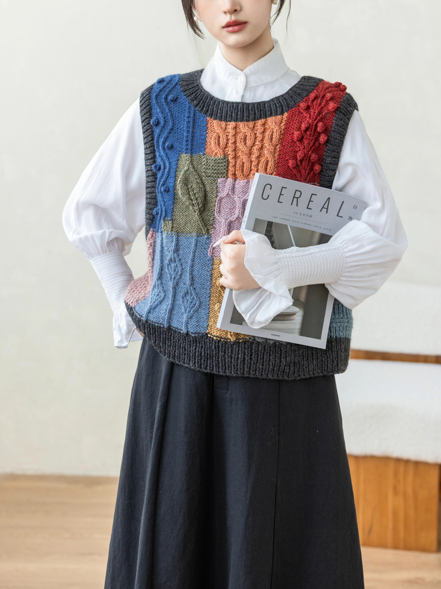 Sister Su Su’s retro contrasting color square vest handmade DIY knitting wool thread stick needle wool ball material package