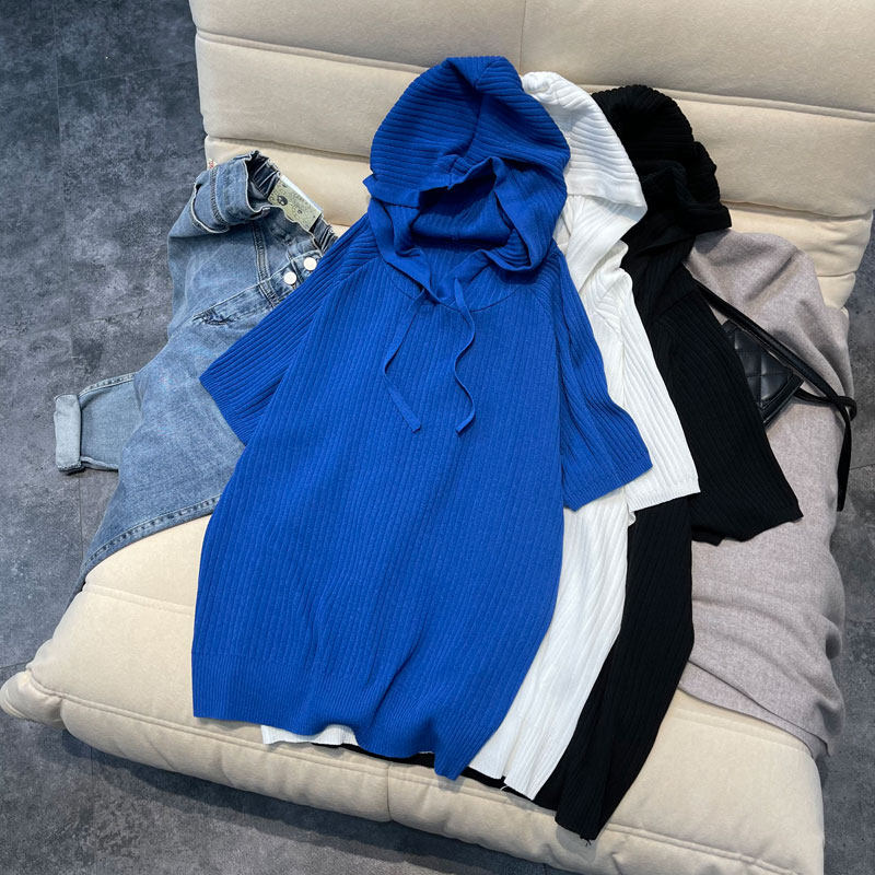 2022 spring summer new fat mm hymn hat ice silk crater knit short sleeve T-shirt female large size loose pure color inner lap