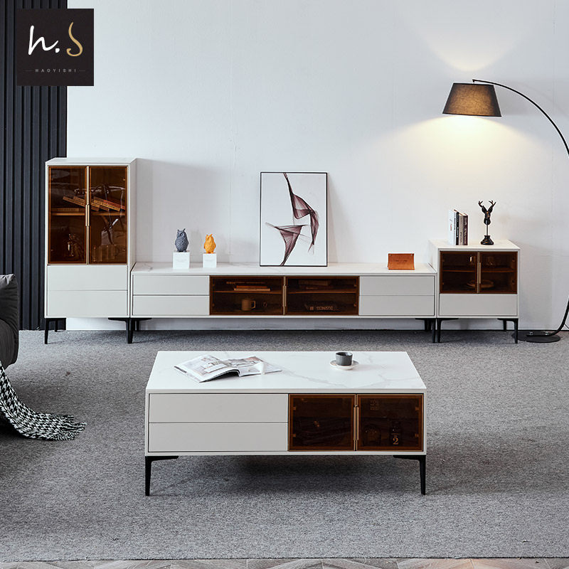 Italian minimalist light luxury slate TV cabinet coffee table combination marble Nordic minimalist modern small apartment 2 4 meters