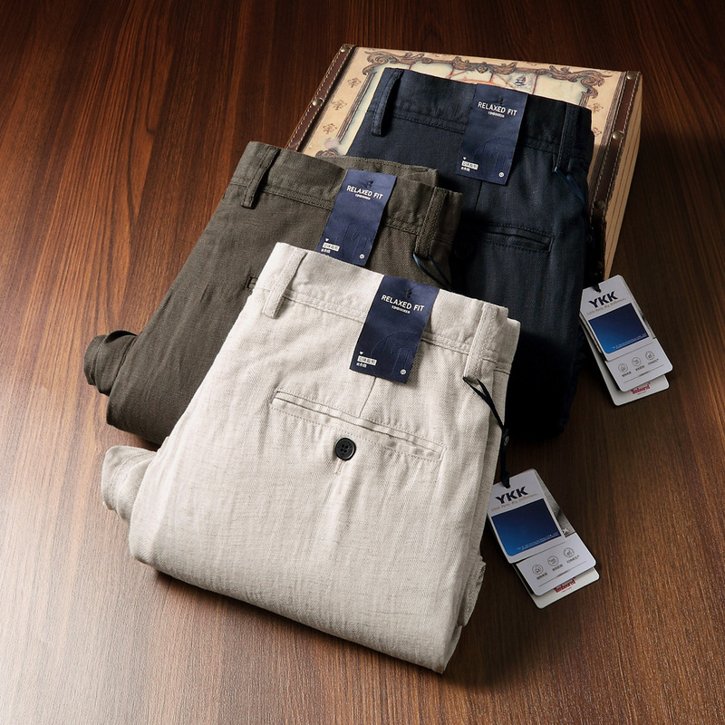 Spring and Summer Refreshing and Breathable Linen Tencel High-End Herringbone Jacquard Smooth Men's Loose Straight Casual Pants