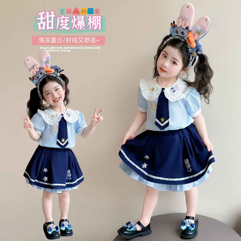 Girls' Preppy Style Outfit 2026 Summer New Style Baby Girl Bunny Police Officer Two-Piece Set Stylish Short-Sleeved Toddler