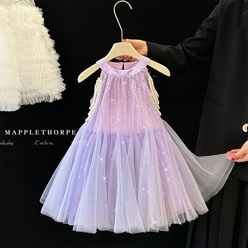 Girls' Dress Summer New Style Fashionable Girl Purple Sequined Mesh Skirt Super Fairy Pearl Halter Neck Princess Dress Girls' Dress Summer New Style Fashionable Girl Purple Sequined Mesh Skirt Super Fairy Pearl Halter Neck Princess Dress