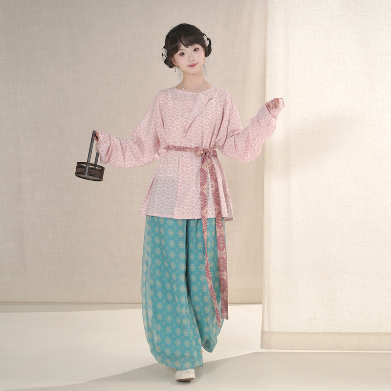 Zhi Chun Ji [Tuan Zi] Original Hanfu Tang-Style Restoration Print Mid-Length Round-Neck Jacket with Belt and Pants for Women in Spring and Summer
