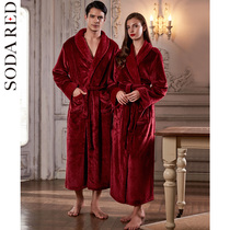 Flannel pajamas Mens long-sleeved thickened couple nightgown Womens coral velvet winter red wedding bathrobe Bridal morning gown