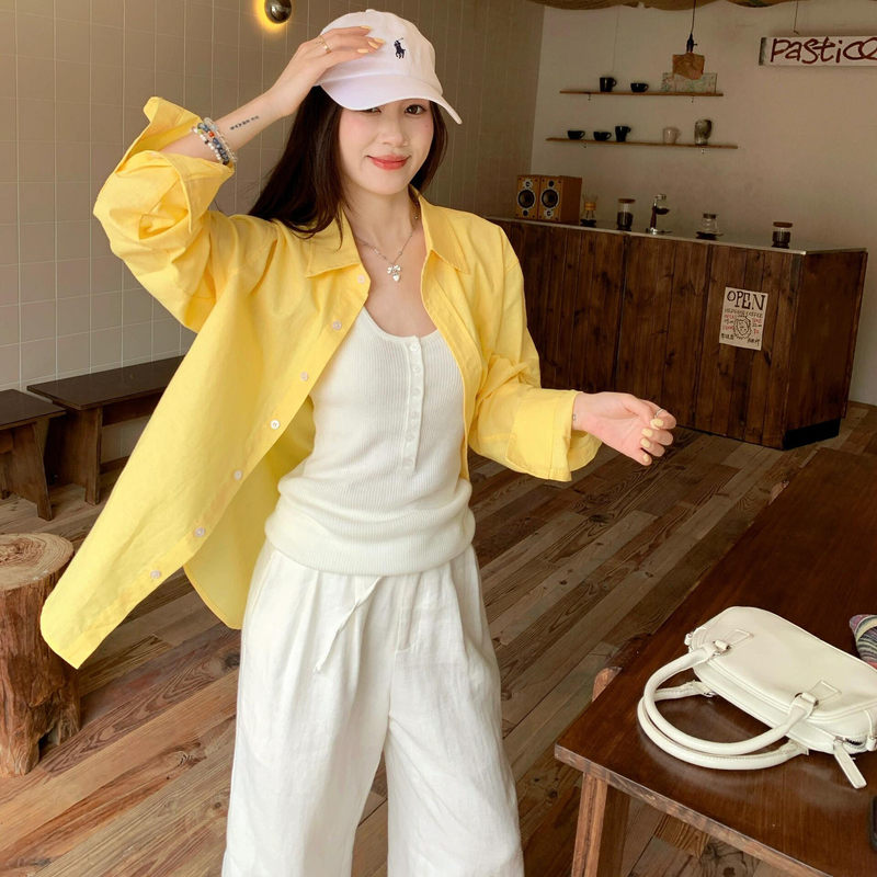 Korean Style Whitening and Age-Reducing Yellow Long-Sleeved Shirt for Women, New Style, High-End, Loose, Slimming, Versatile Layered Shirt