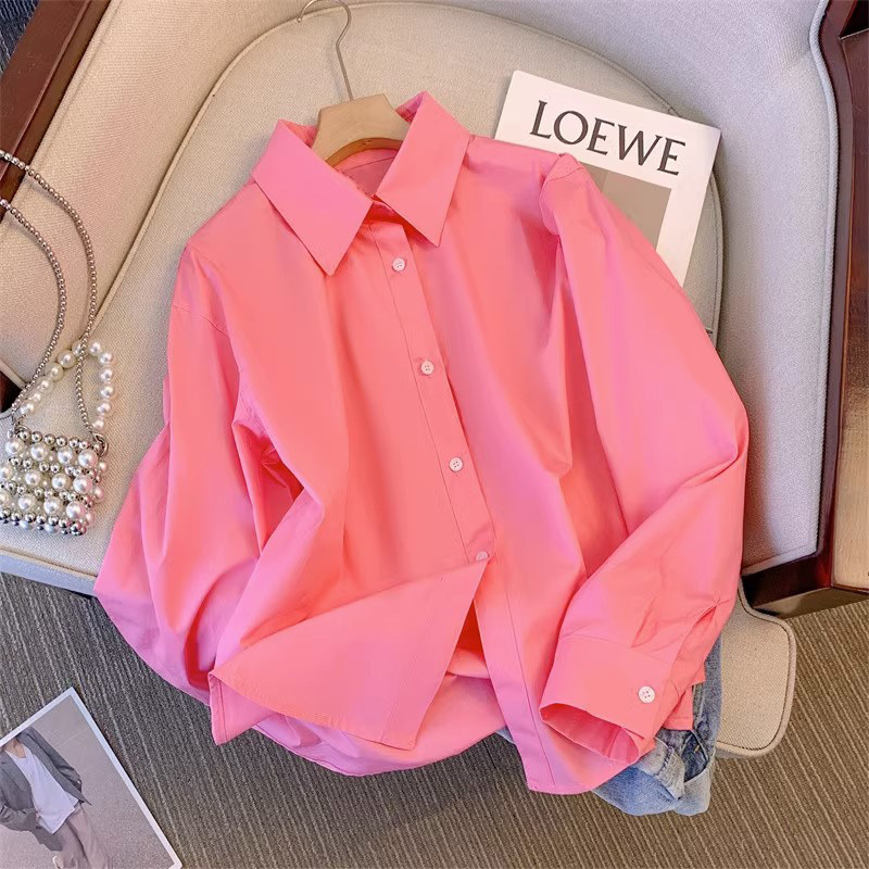 Lazy Style White-Pink Shirt, New Korean Version, Unique and Chic Design, Long-Sleeved Chic Loose Top ins
