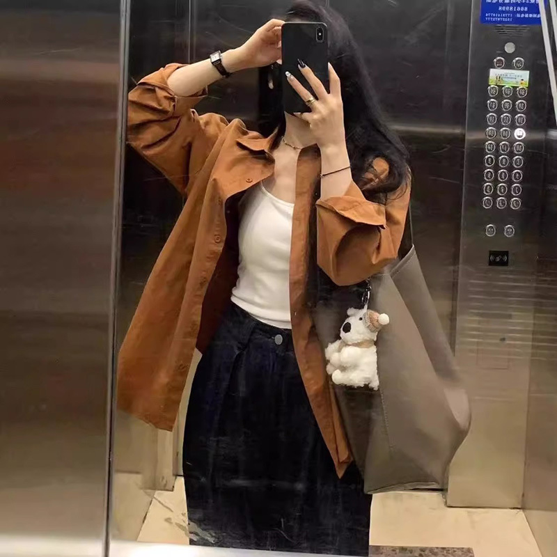 Spring and Autumn Thin Caramel Brown Shirt for Women, High-End, Elegant, Casual, Versatile Top, Long-Sleeved Slimming Shirt for Outerwear Spring and Autumn Thin Caramel Brown Shirt for Women, High-End, Elegant, Casual, Versatile Top, Long-Sleeved Slimming Shirt for Outerwear