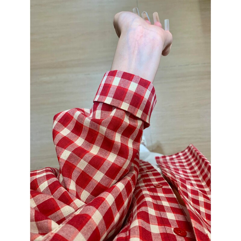 Hong Kong Style Lazy Red Plaid Shirt Jacket for Women, Petite Size, High-End Feel, Thin Outerwear Trendy Top