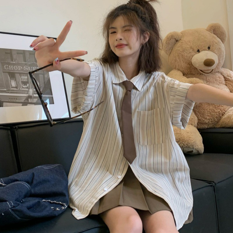 Japanese Retro Striped Short-Sleeved Shirt for Women with Tie, Summer Loose Korean Style Layered Casual Versatile New Top