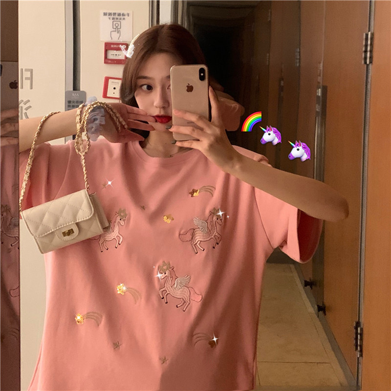 Summer 2021 new short-sleeved T-shirt women's ins trendy loose Korean version cute age reduction heavy industry sequin embroidery clothes