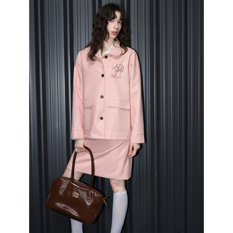Huiqing Light Pink Leather Jacket for Women 2026 Early Autumn New Casual Loose Slimming Floral High-End