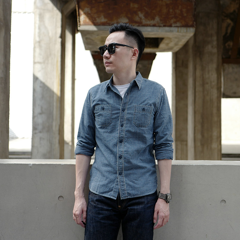 BROOK original vintage INDIGO INDIGO Plaid shirt Men's long sleeve American Casual Overalls Denim made old shirt