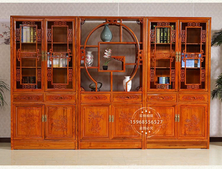 Mới Trung Quốc Antique South Elm Tủ sách chạm khắc Tủ sách Tất cả các tầng gỗ rắn Cửa bàn học Ba kết hợp Zen - Buồng