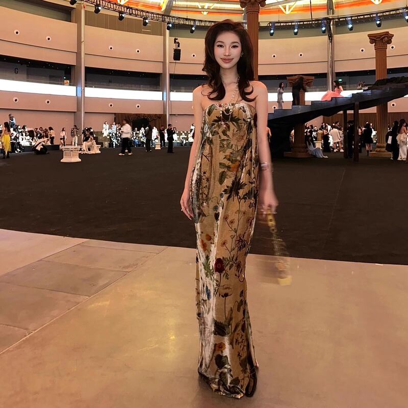 1S Velvet Landscape Print Strapless Dress, New Chinese Style Champagne Gold Velvet Exhibition Dress, Toasting Evening Gown