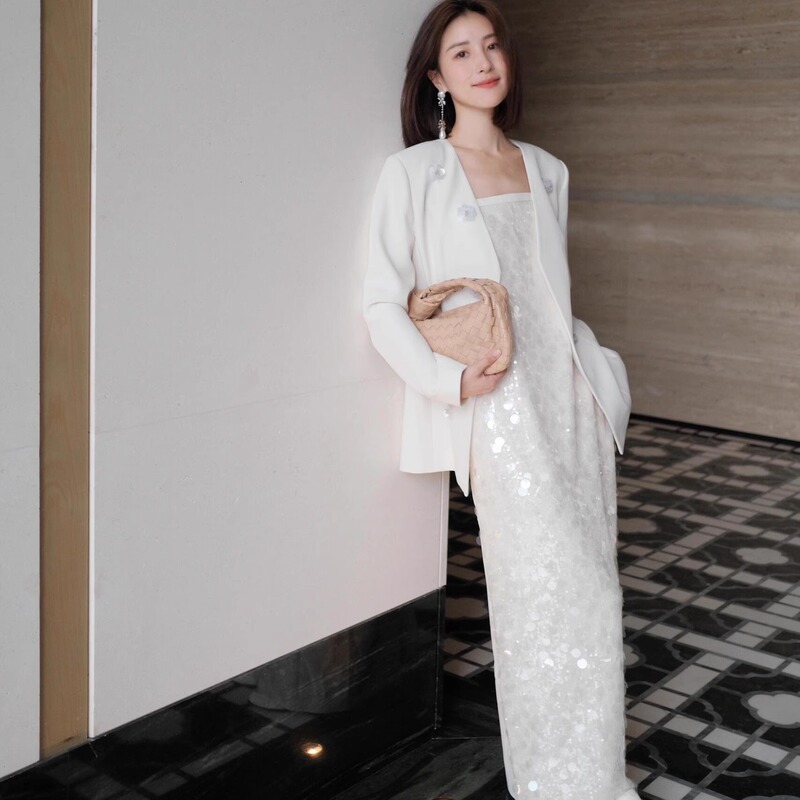 1S Blingbling Sequin Set with Three-Dimensional Flowers, White Suit Jacket, Formal Dress, Evening Strapless Dress