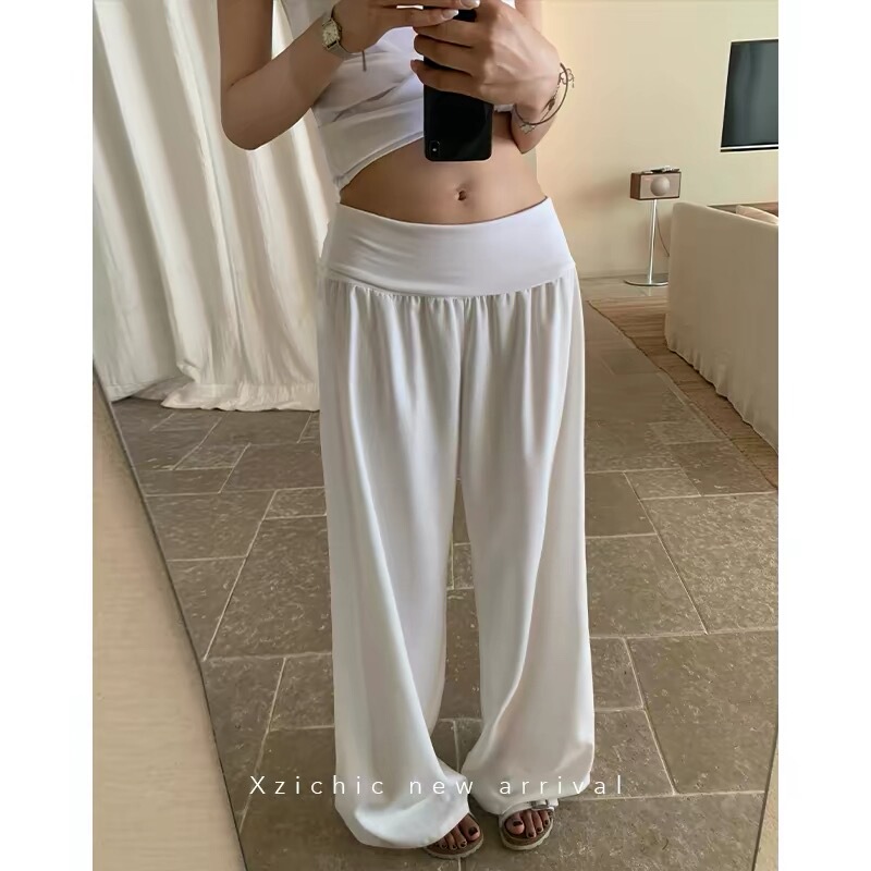 White Textured High-Waisted Wide-Leg Pants for Pregnant Women, Summer Thin Style, No Belly Support, Hip-Hugging Long Pants, Versatile Slimming Straight-Leg Pants
