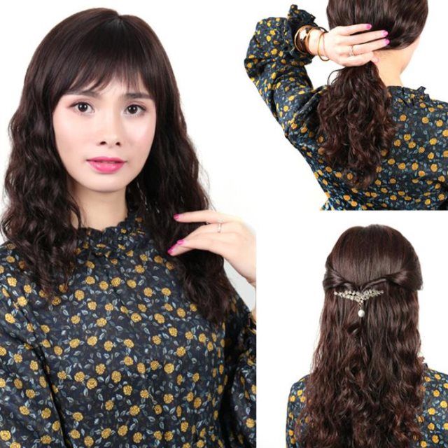 Wig Women's long hair All headgear zazza middle-aged lady wig long curly hair Hair Real Hair Headgear Wig Full Head-Taobao