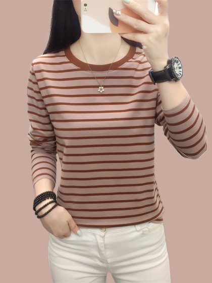 2025新款初秋纯棉长袖t恤女秋衣外穿条纹上衣宽松大码打底衫遮肉