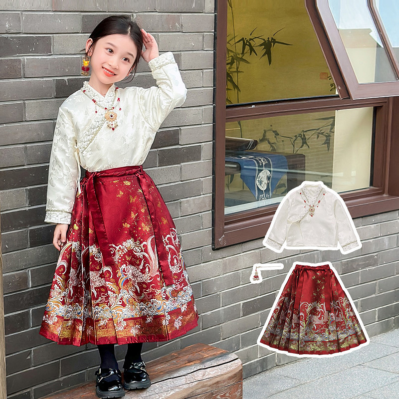 Girls' Spring 2026 New Chinese Style Children's Spring and Autumn Hanfu Little Girls' Gold-Embroidered Mamian Skirt Summer Set